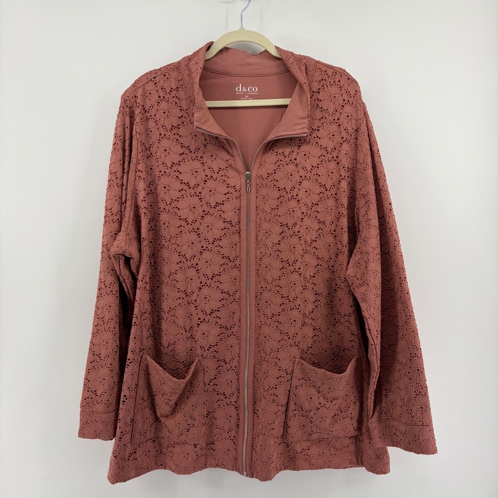 D&Co‎ Denim Company Women's Rose Pink Tan Lace Zip Up Jacket Plus Size 3X